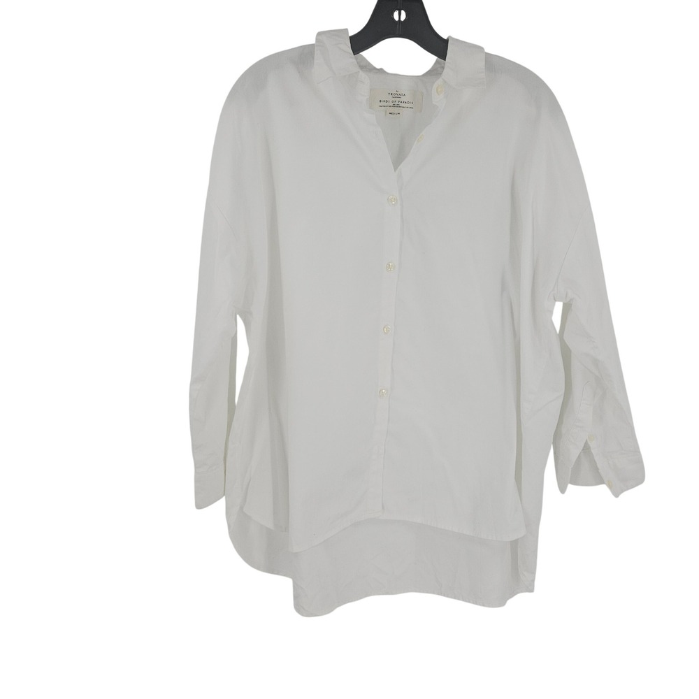 Trovata Birds of Paradis Button Down Shirt White Cotton Curve Boxy Lagenlook M
